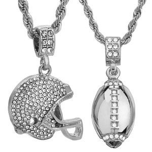 Silver Plated Iced Football Helmet & Ball Pendant & 24" Rope Chain Necklace set